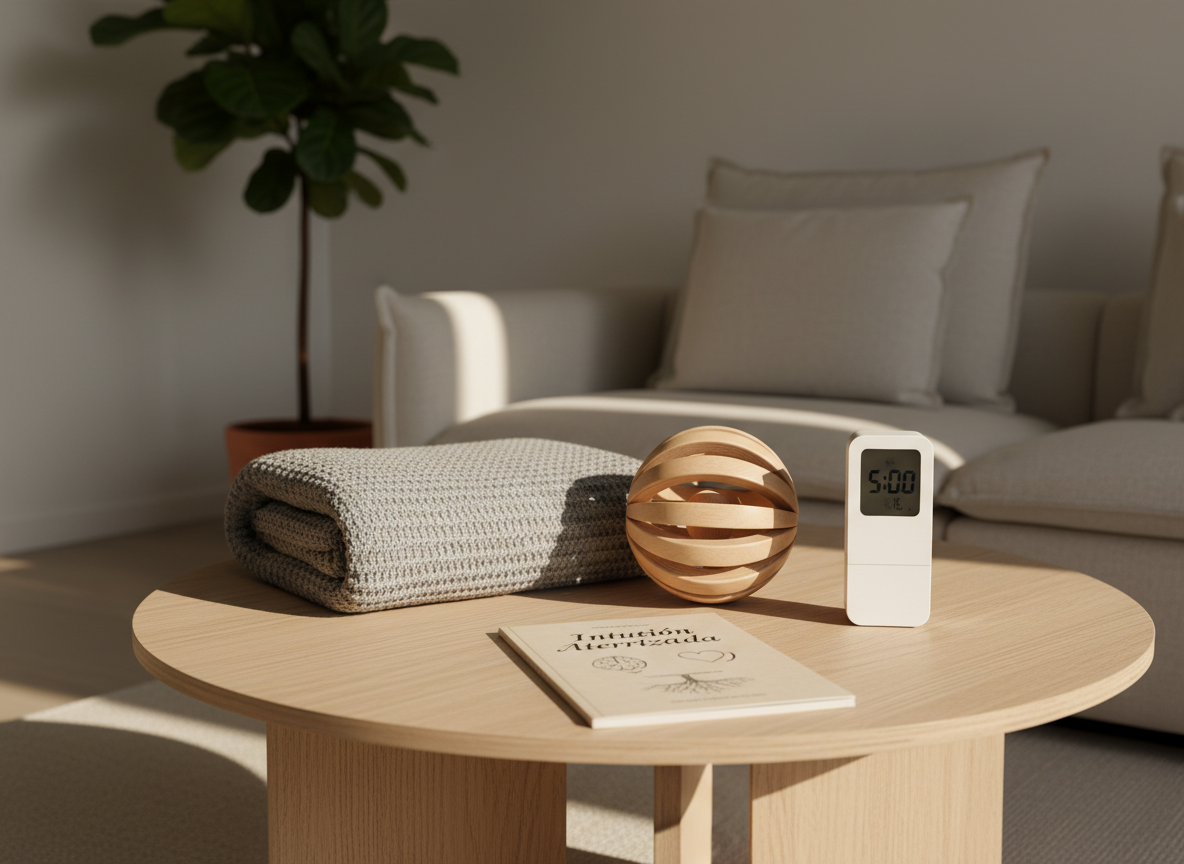 A low, round wooden coffee table in a minimalist living room, displaying a carefully curated toolkit for daily nervous system regulation. On the table lies a weighted gray knit blanket neatly folded, a small wooden breathing ball mid-expansion, a matte white timer, and a slim, open guidebook showing a page titled “Intuición Aterrizada” with simple diagrams. The background includes a neutral sofa with structured cushions and a tall, leafy plant, all softly blurred. Warm late-afternoon sunlight enters from the side, casting soft, elongated shadows and highlighting textures of fabric and wood. Photographic realism, slightly elevated angle, calm and grounded mood, emphasizing practical tools over spiritual ornamentation.