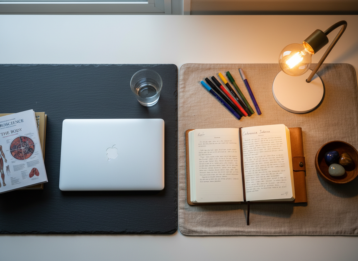 An overhead shot of a clean writing desk divided into two clear zones with contrasting but harmonious colors. On the left, a dark slate mat holds a closed laptop, a small stack of science-based books on the body and brain, and a simple glass of water. On the right, a linen-textured mat in sand tones supports a journal open to a page titled “Coherencia Interna,” next to a set of colored pens and a small bowl containing three polished stones. A single minimalist lamp with a warm bulb illuminates the right side more intensely, symbolizing introspection and energy awareness, while cool daylight balances the left side. Photographic realism, top-down composition, creating a sense of integrated rational and intuitive work.