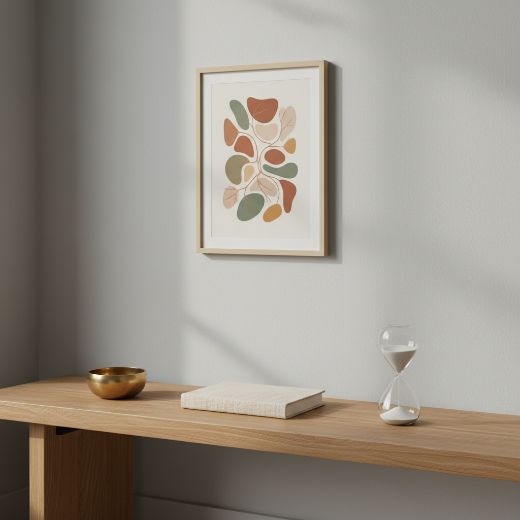 A serene corner of a modern room with a low, natural wood bench against a smooth, light-grey wall. On the bench sits a small, unadorned singing bowl, a closed, cloth-bound journal, and a clear glass hourglass with fine white sand mid-flow, all precisely aligned. On the wall above, a framed, minimalist print shows a simple diagram of the polyvagal system, rendered in soft earth tones. Late-morning diffused light from a nearby window falls across the bench, casting delicate, realistic shadows and illuminating the glass with subtle highlights. Photographic realism, eye-level composition, minimalist and professional aesthetic, evoking quiet reflection, time, and the grounded study of body and energy without any mystical elements.