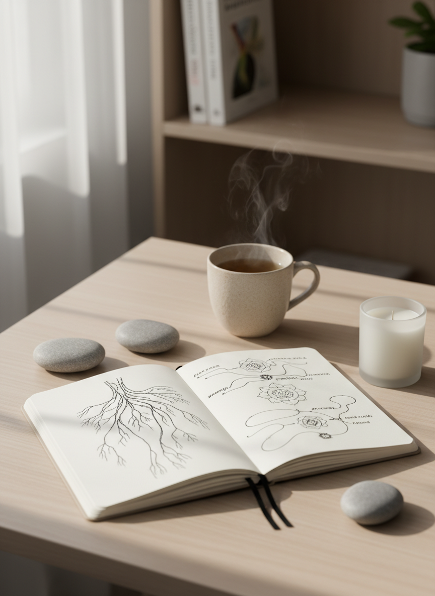 A neatly arranged desktop sanctuary dedicated to practical spirituality, featuring an open, cream-colored notebook with handwritten diagrams of the nervous system and simple energy flow sketches. Around it rest smooth river stones, a sand-colored ceramic cup of herbal tea, and a small unlit candle in matte glass, all on a pale wooden table. In the background, a blurred shelf holds a few carefully chosen books on neuroscience and energy awareness. Soft morning daylight filters in from an unseen window, creating gentle, realistic shadows. Photographic realism, eye-level composition, minimalist and modern, with a calm, grounded mood that conveys clarity, internal coherence, and focus without any mystical exaggeration.