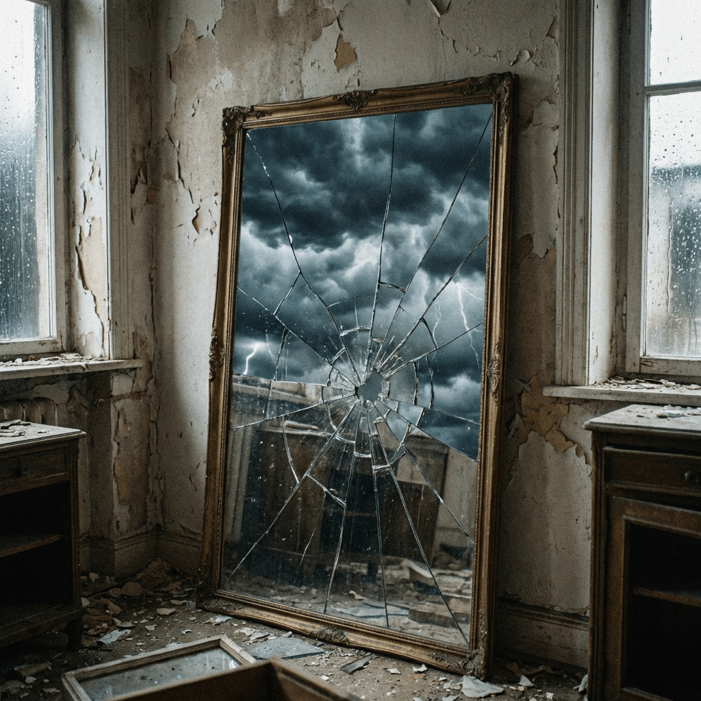 Broken mirror in a dilapidated room reflecting a dark, stormy sky with lightning.