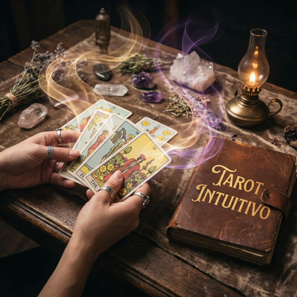 Hands holding tarot cards next to crystals and a journal reading Tarot Intuitivo.